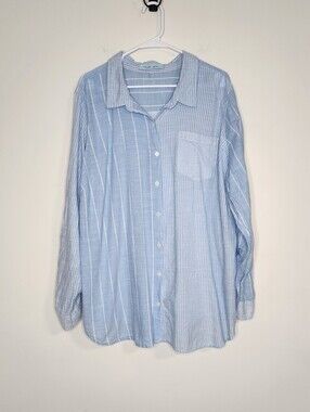 Blue Sol Blue Striped Cotton Button-Up Oversized Shirt Large Beachy Summer
